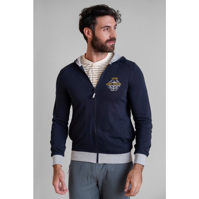 Enorsia Mens Navy Wave Full Zip Contrast Hoodie - UK L