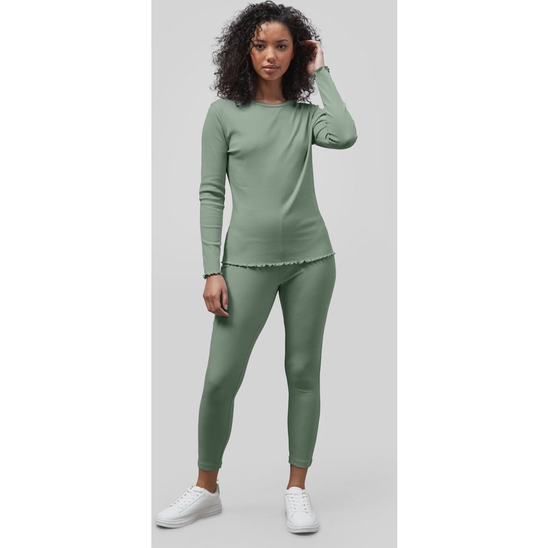 Enorsia Womens Green LS Picoting Ribbed T-Shirt & Leggings Set - UK 18