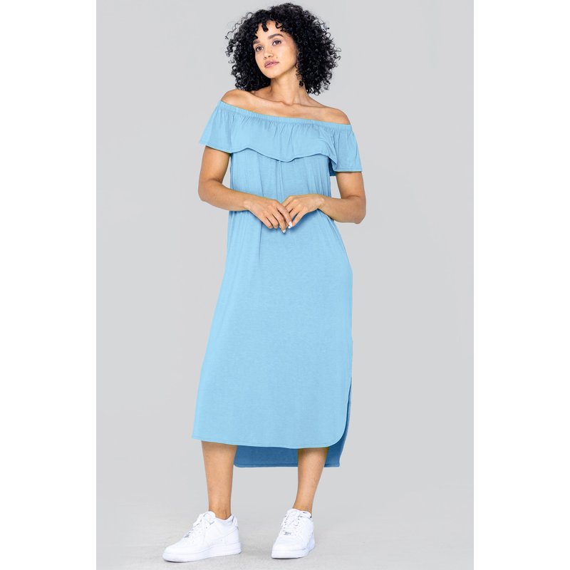 Enorsia Womens Blue Bardot Frill Midi Dress - UK 10