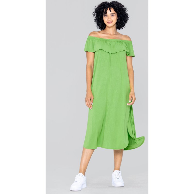Enorsia Womens Green Bardot Frill Midi Dress - UK 10