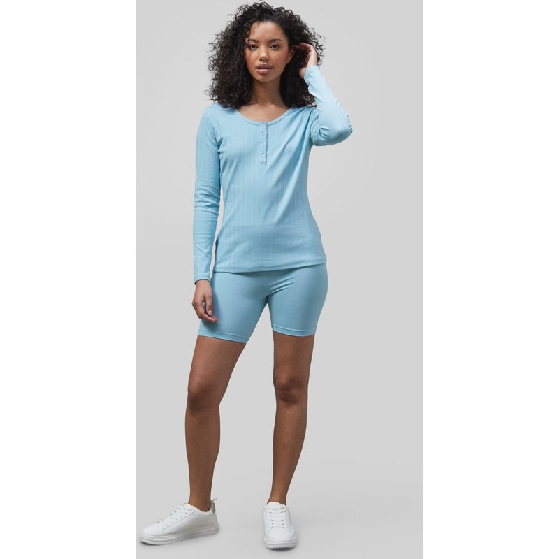Enorsia Womens Blue Ribbed Cycling Shorts & LS T-Shirt Set - UK 10