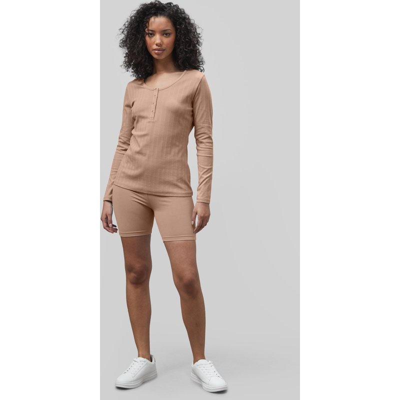 Enorsia Womens Brown Ribbed Cycling Shorts & LS T-Shirt Set - UK 12