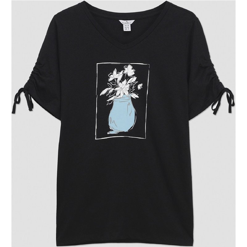 Enorsia Womens Black Ruched Sleeve Graphic T-Shirt - UK 8