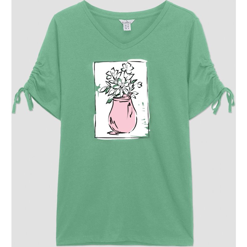 Enorsia Womens Green Ruched Sleeve Graphic T-Shirt - UK 14