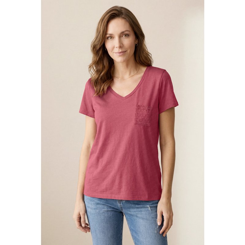 Enorsia Womens Red Lace Pocket V-Neck Tee - UK 14