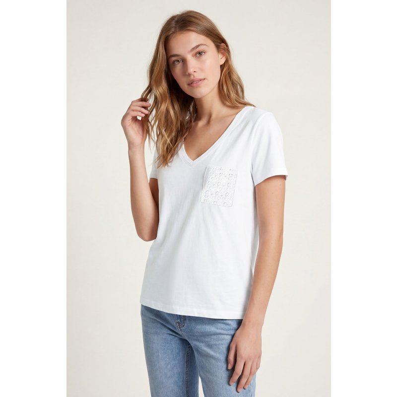 Enorsia Womens White Lace Pocket V-Neck Tee - UK 10