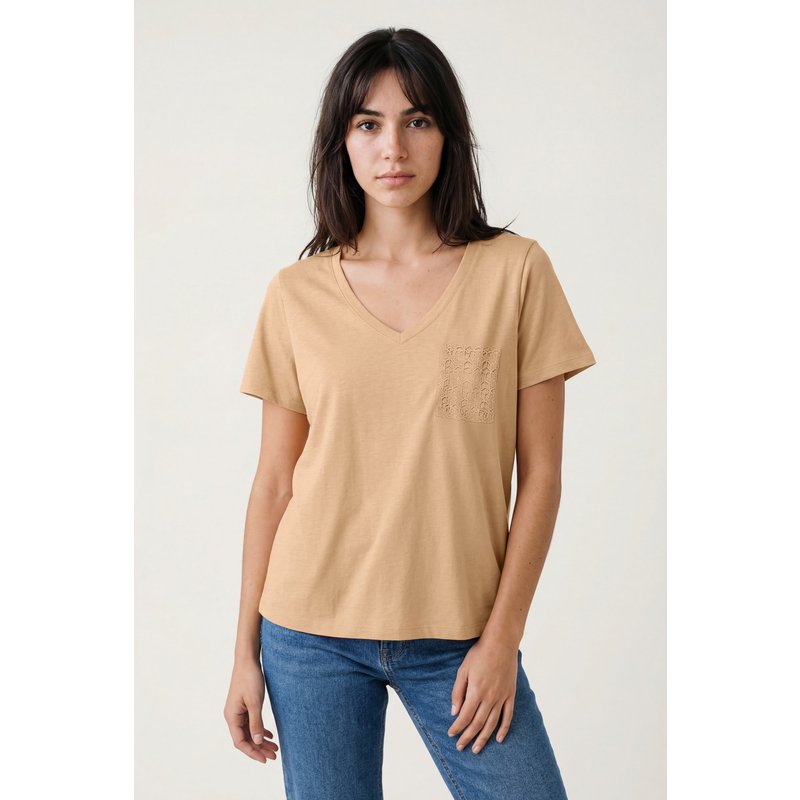 Enorsia Womens Orange Lace Pocket V-Neck Tee - UK 10