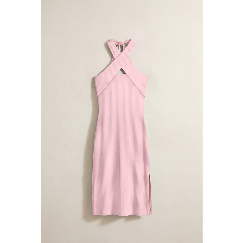 Enorsia Womens Pink Ribbed Twist Halterneck Mini Dress - UK 14