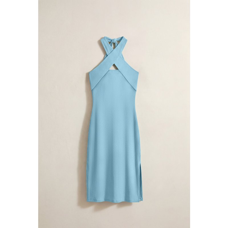 Enorsia Womens Blue Ribbed Twist Halterneck Mini Dress - UK 8