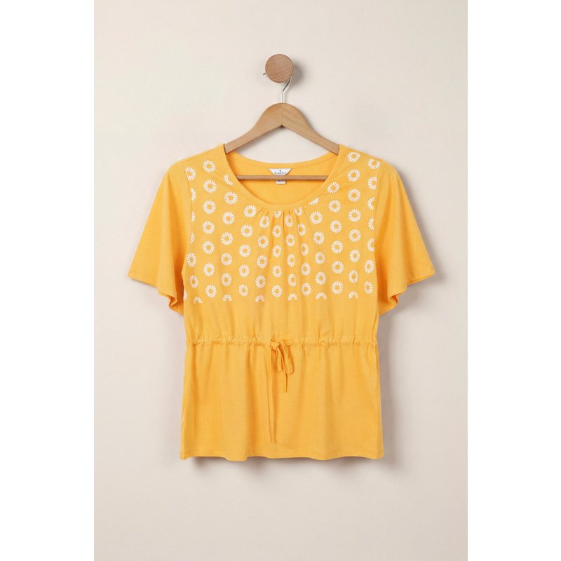 Enorsia Womens Yellow Floral Print Drawstring T-Shirt - UK 10