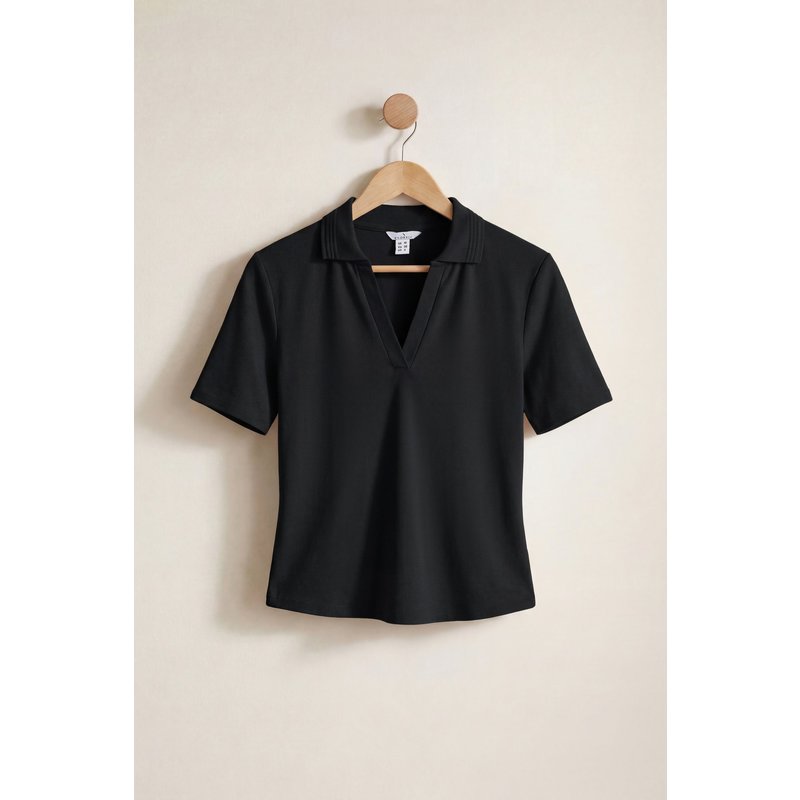 Enorsia Womens Black V-Neck Polo Shirt - UK 8