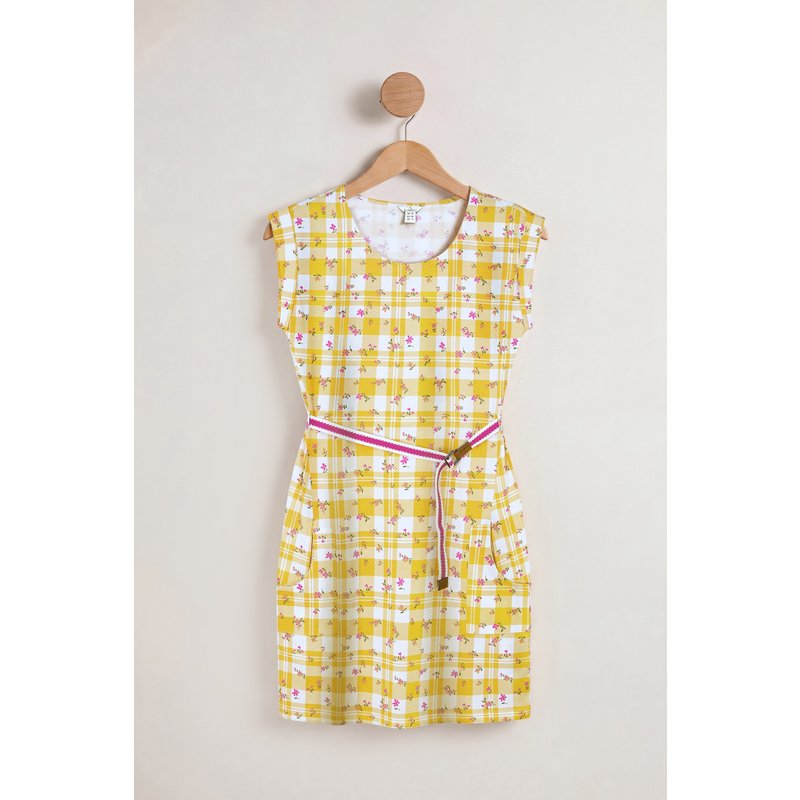 Enorsia Womens Yellow Floral Check Belted Mini Shift Dress - UK 16