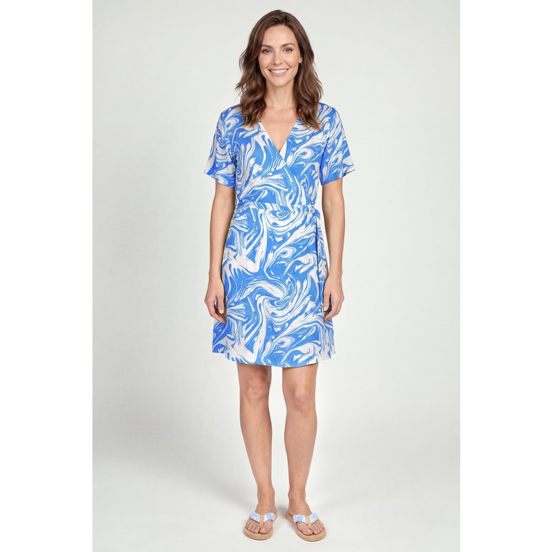 Enorsia Womens Blue Abstract Print Short Sleeve Wrap Dress - UK 18