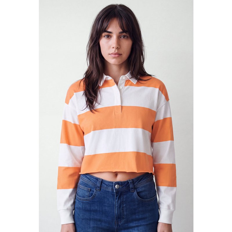 Enorsia Womens Orange Stripe Cropped Rugby Top - UK 16