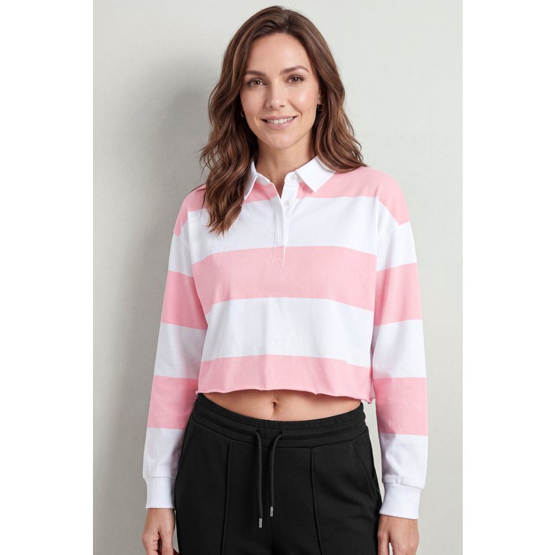 Enorsia Womens Pink Stripe Cropped Rugby Top - UK 8