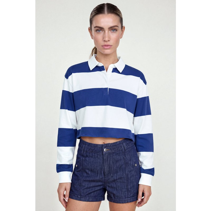 Enorsia Womens Blue Stripe Cropped Rugby Top - UK 12