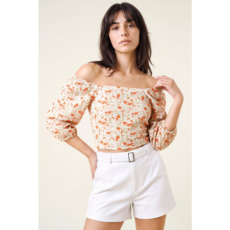 Enorsia Womens Red Floral Bardot Smocked Crop Top - UK 16