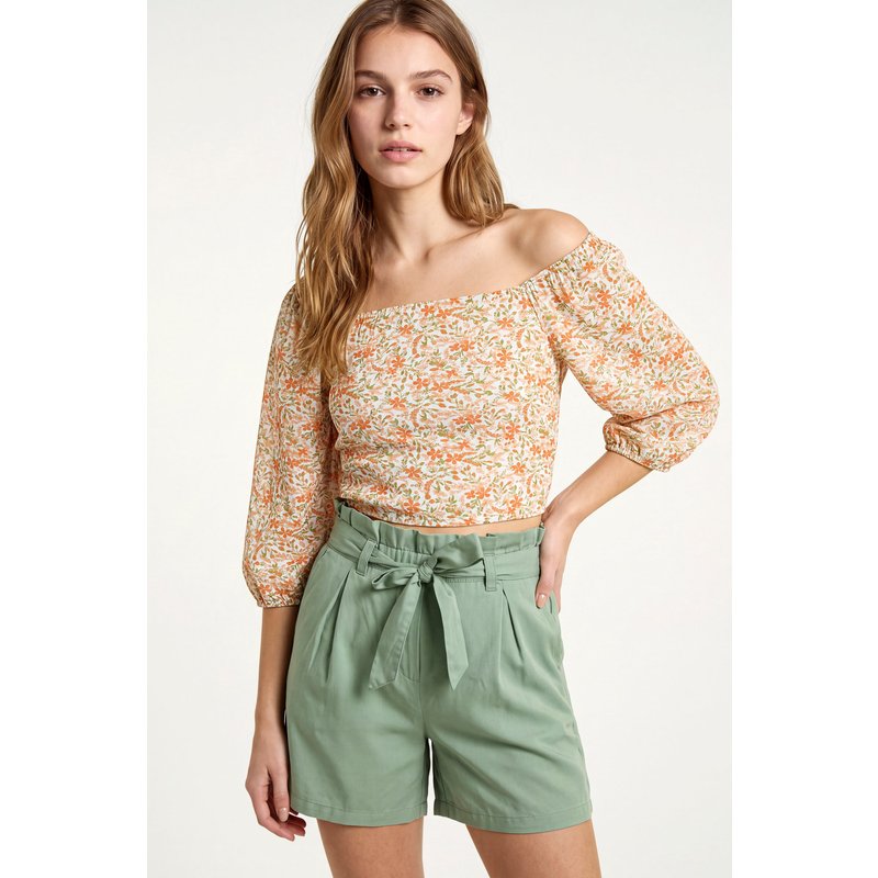 Enorsia Womens Orange Floral Bardot Smocked Crop Top - UK 8