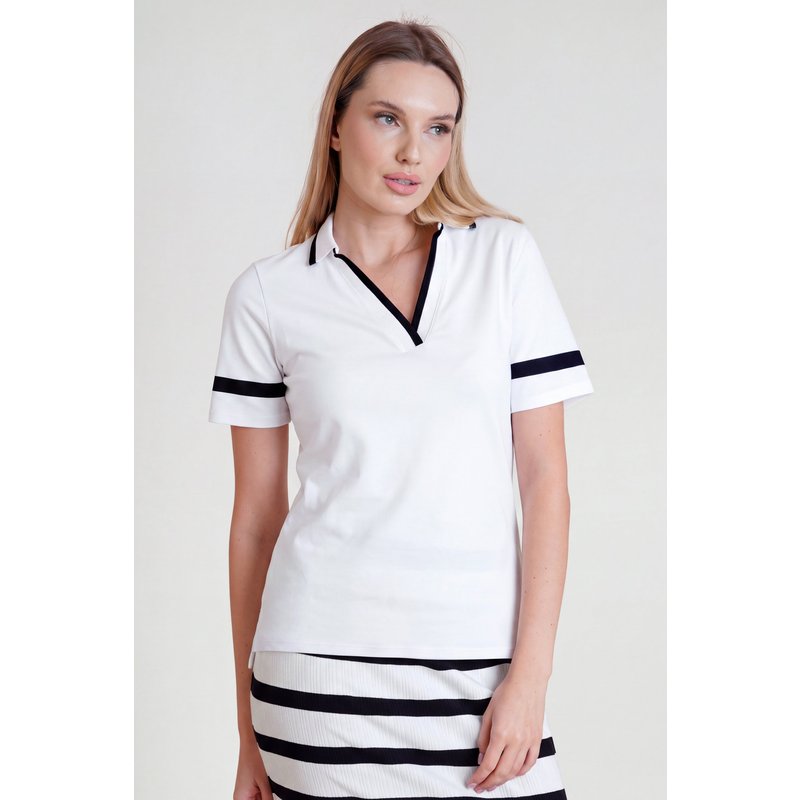 Enorsia Womens Black Cornelia stripe Short Sleeve Polo Shirt - UK 8