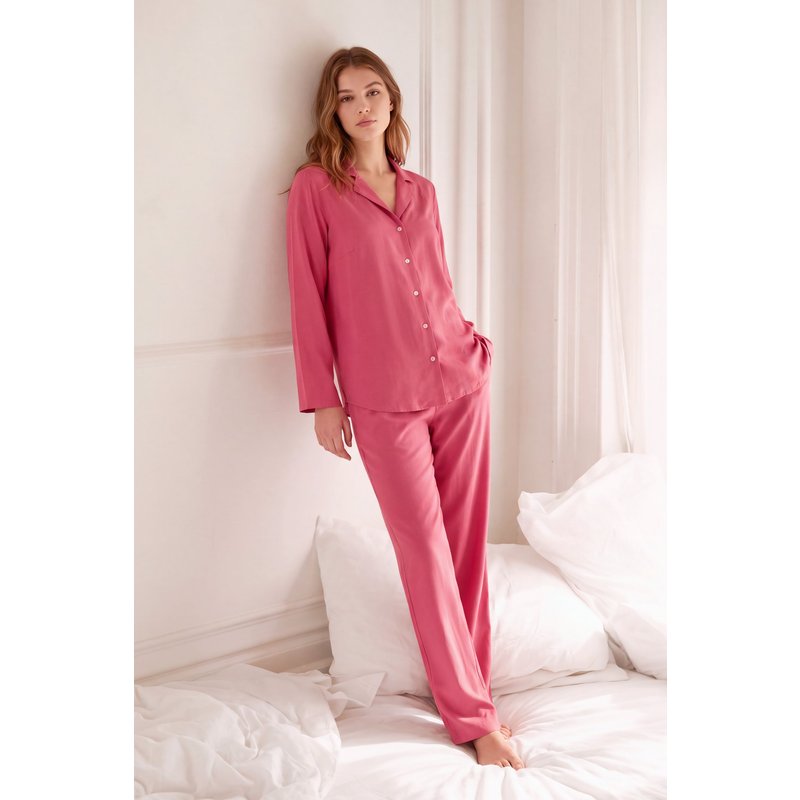 Enorsia Womens Red Woven Viscose Blend Pyjama Set - UK 12