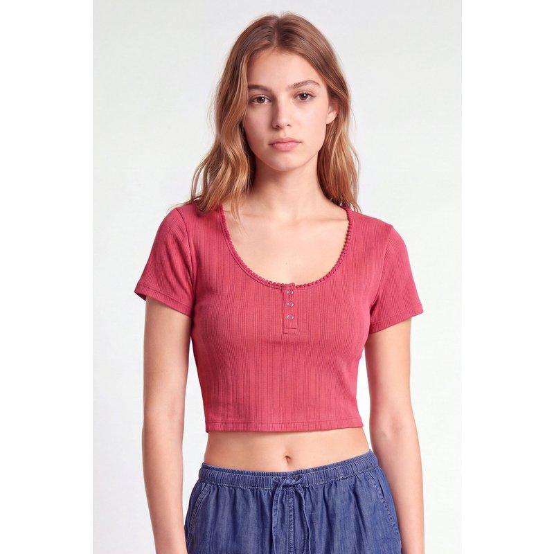 Enorsia Womens Red Ribbed Button-Up Short Sleeve T-Shirts - UK 14