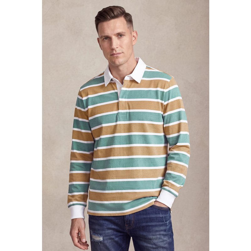 Enorsia Mens Blue Striped Rugby Long Sleeve Polo Shirt - UK XXL