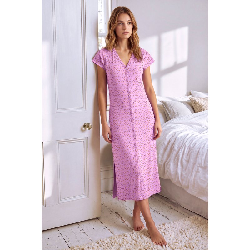 Enorsia Womens Pink Ditsy Floral Printed Ribbed Nightdress - UK 10