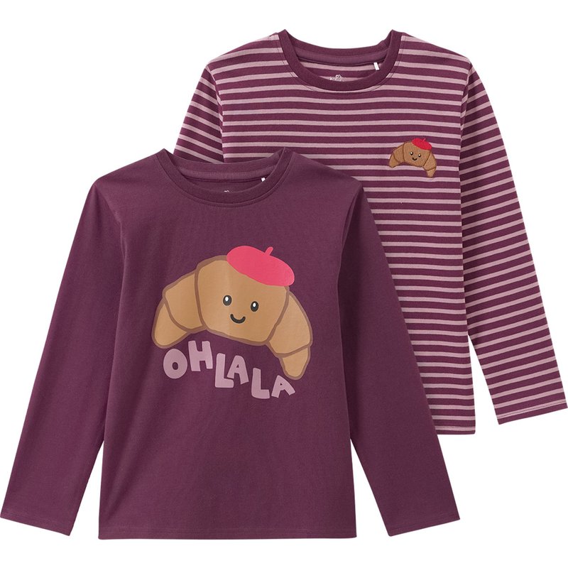 2 Mädchen Langarmshirts mit Crossaint-Motiven