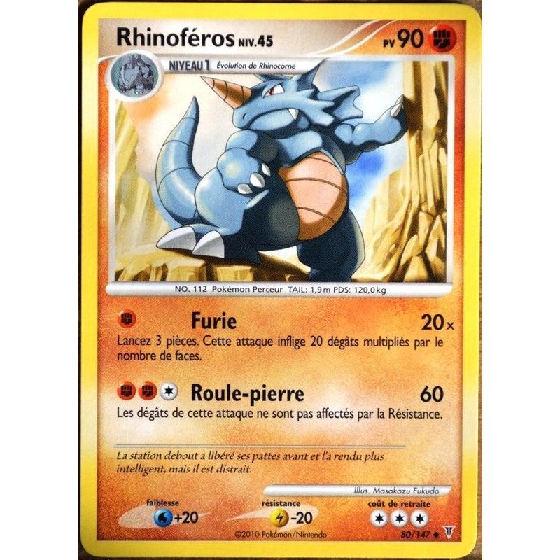 Carte Pokémon 80/147 Rhinoféros 90 Pv Série Platine Vs Neuf Fr