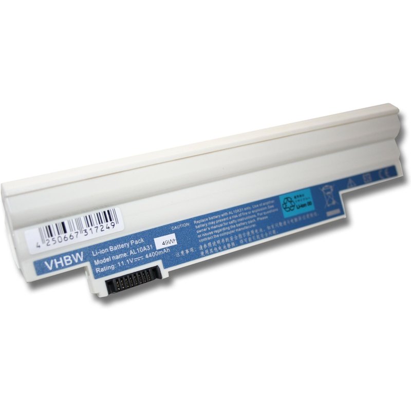 Batterie LI-ION 4400mAh, blanc, pour ACER Aspire One D255E-13849, D255E-13865, D255E-13877 etc. Rempalce AL10BW, AL10B31, AL10A31, AL10G31 etc.