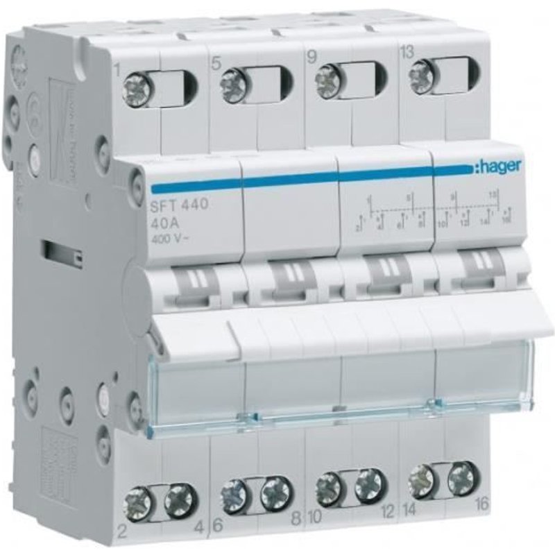 HAGER - Inverseur modulaire 2 pĂ´les 40A, point commun amont, I-0-II (SFT440)