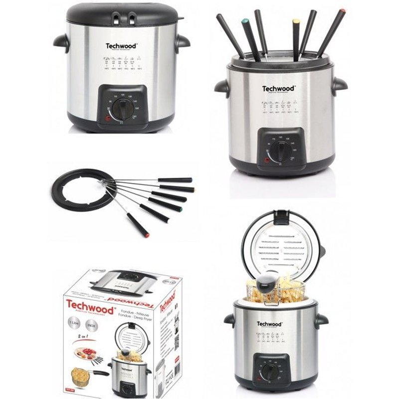 FRITEUSE Inox + Appareil à FONDUE 2 EN 1 840W Design GRISE + 6 Pics