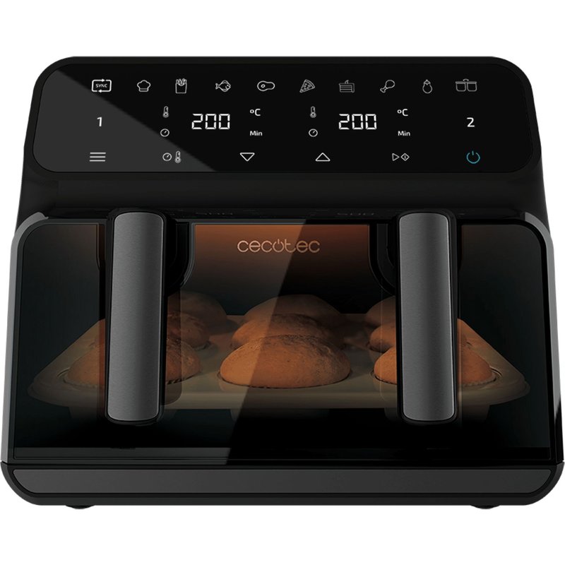 Cecotec Friteuse sans huile 9 L à air chaud Cecofry Dual 9000. 2850 W, numérique et compacte, double température, technologie PerfectCook, possibilité de diviser le seau de 4,5 L en 2, 6 modes