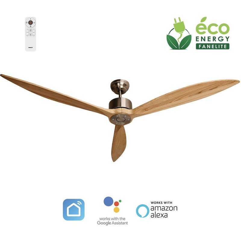 Fanelite - Ventilateur de plafond 164 cm gris et bois NEBA - Moteur DC 38W - Télécommande - Wifi - Contrôles vocaux - 3 pales - Très silencieux