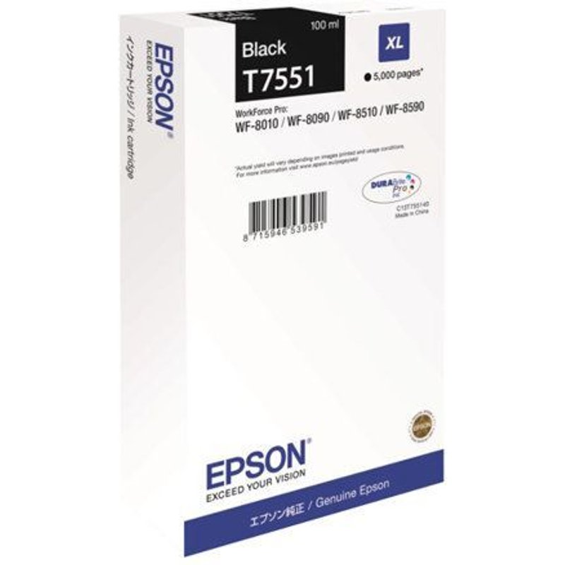 Epson T7551 - 100 ml - taille XL - noir - originale - cartouche d'encre - pour WorkForce Pro WF-8010, WF-8090, WF-8090 D3TWC, WF-8510, WF-8590, WF-8590 D3TWFC