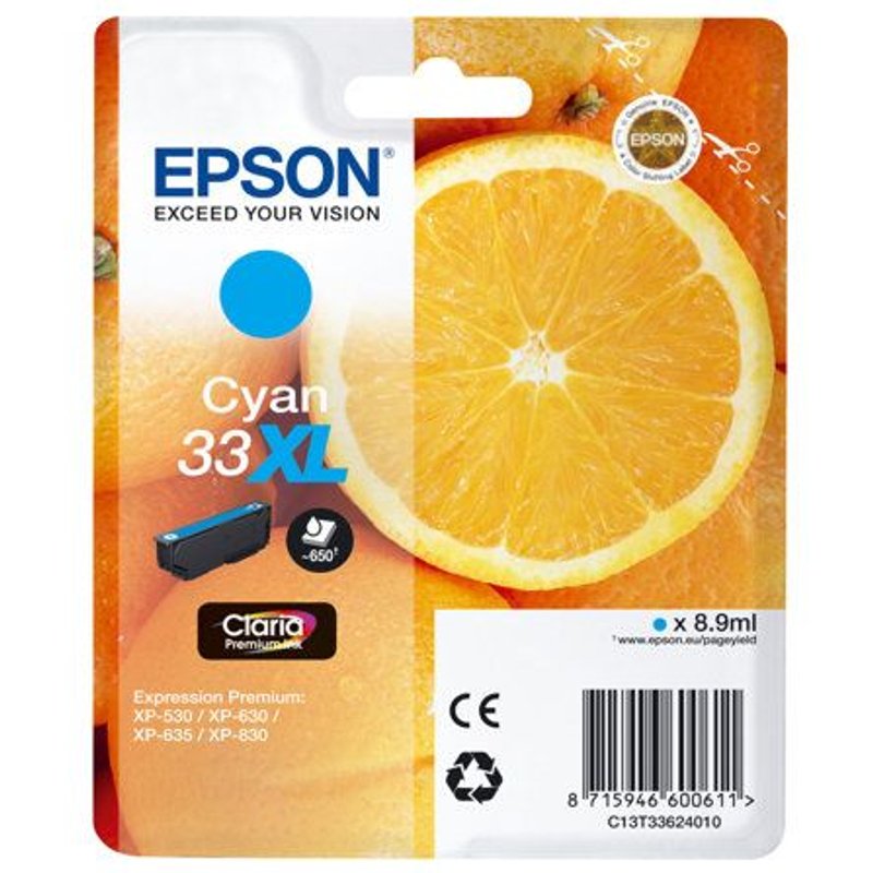 Epson 33XL - 8.9 ml - haute capacité - cyan - originale - blister - cartouche d'encre - pour Expression Home XP-635, 830; Expression Premium XP-530, 540, 630, 635, 640, 645, 830, 900