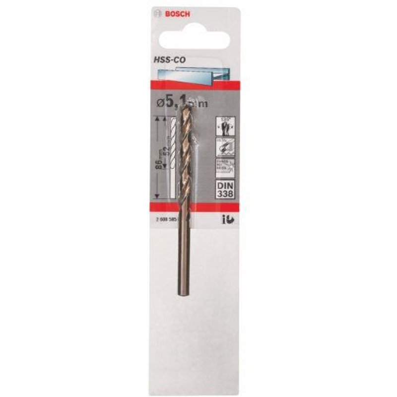 Forets à métaux rectifiés HSSCo standard, DIN 338 5,1 x 52 x 86 mm 1pc