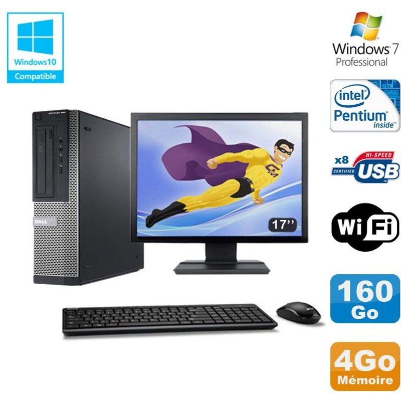 Lot PC DELL Optiplex 390 DT G630 2.7Ghz 4Go 160Go Graveur WIFI W7 Pro + Ecran 17