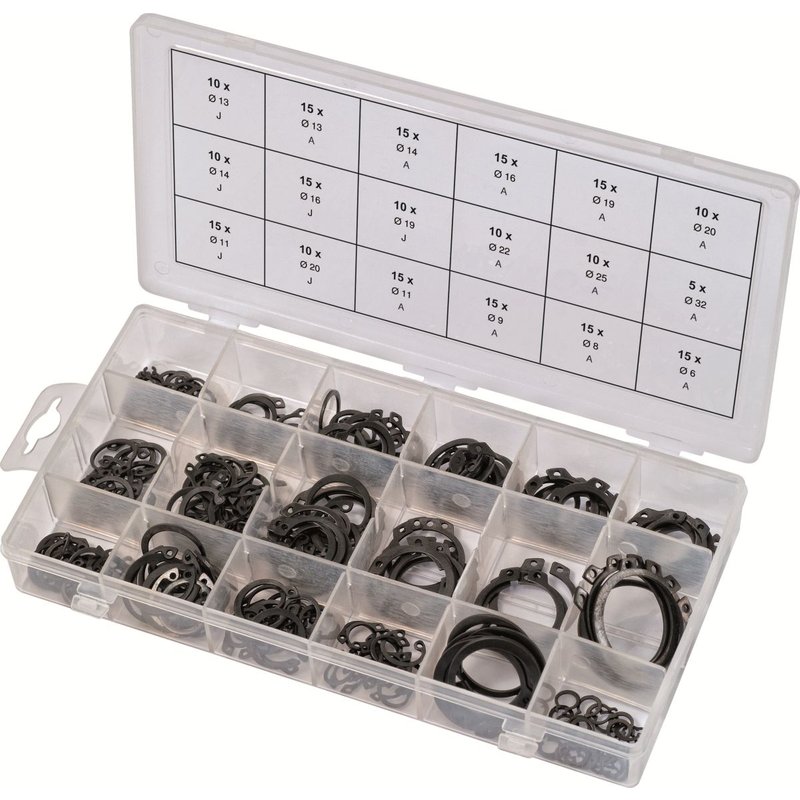 Assortiment de circlips internes et externes, 225 pcs (prix indicatif - ref vendue uniquement en présentoir)