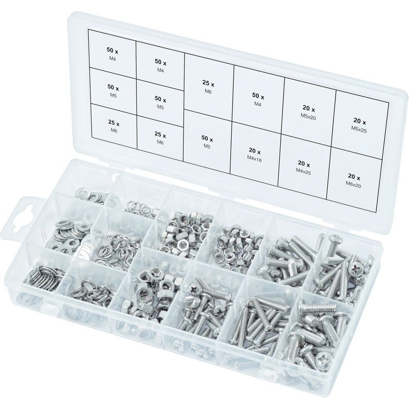 Assortiment de vis, rondelles et écrous en inox, 475 pcs (prix indicatif - ref vendue uniquement en présentoir)