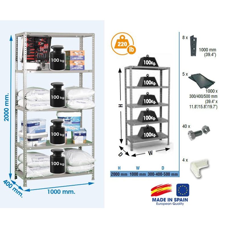 RAYONNAGE 2000 X 1000 X 400 MM- 5 RAYONS = 500 KGS