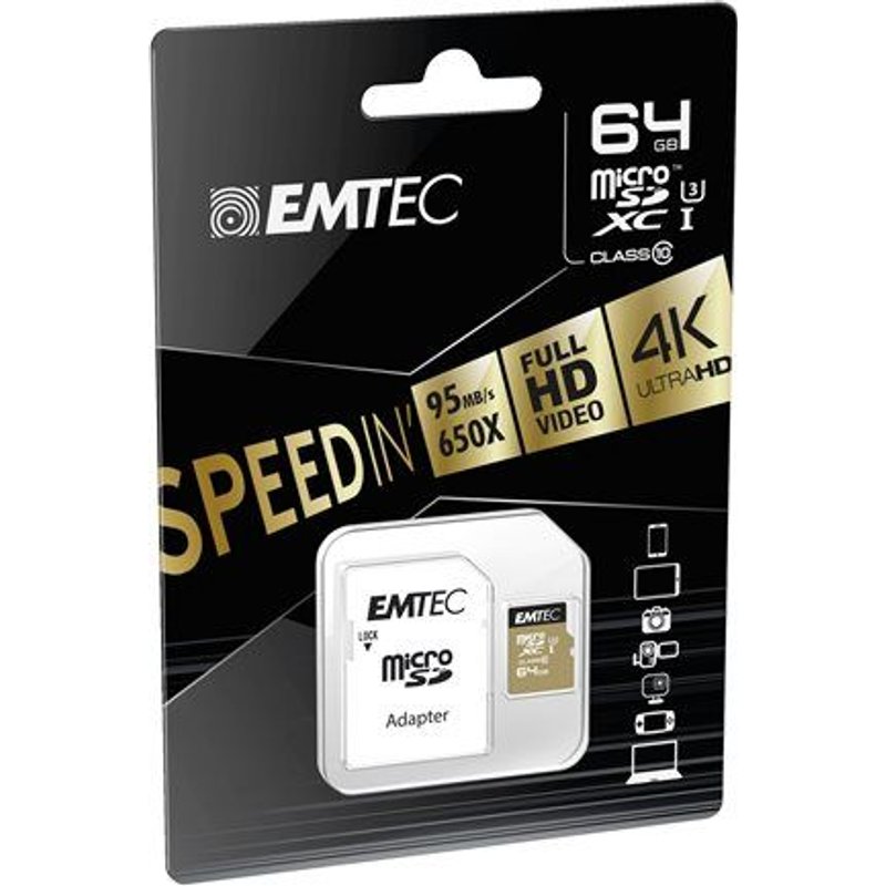 EMTEC SpeedIN' - Carte mémoire flash (adaptateur microSDXC vers SD inclus(e)) - 64 Go - UHS-I U3 / Class10 - 650x - micro SDXC