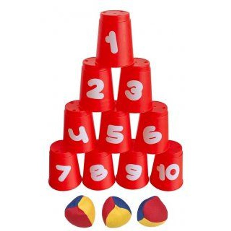 Chamboule Tout 10 Gobelets Plastique + 3 Balles - Jeu De Massacre, Casse Boite - Kermesse, Animation - Set Jouet Plein Air Et Carte