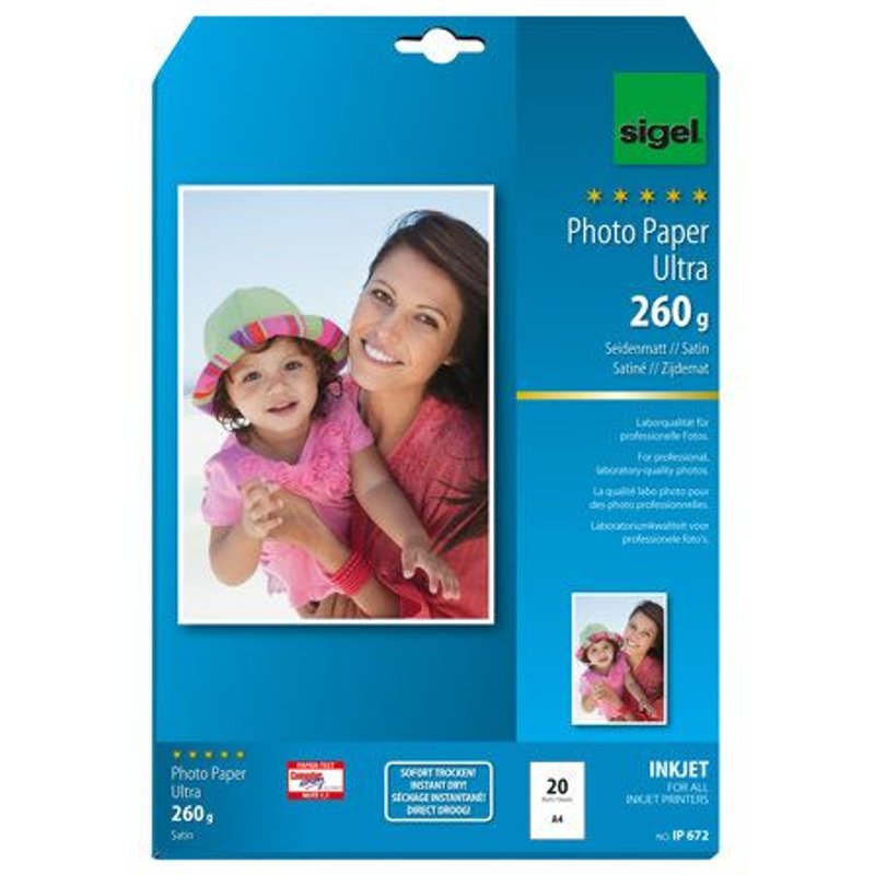 Sigel InkJet Ultra Photo Paper IP672 - Satin - blanc brillant - A4 (210 x 297 mm) - 260 g/m² - 20 feuille(s) papier photo
