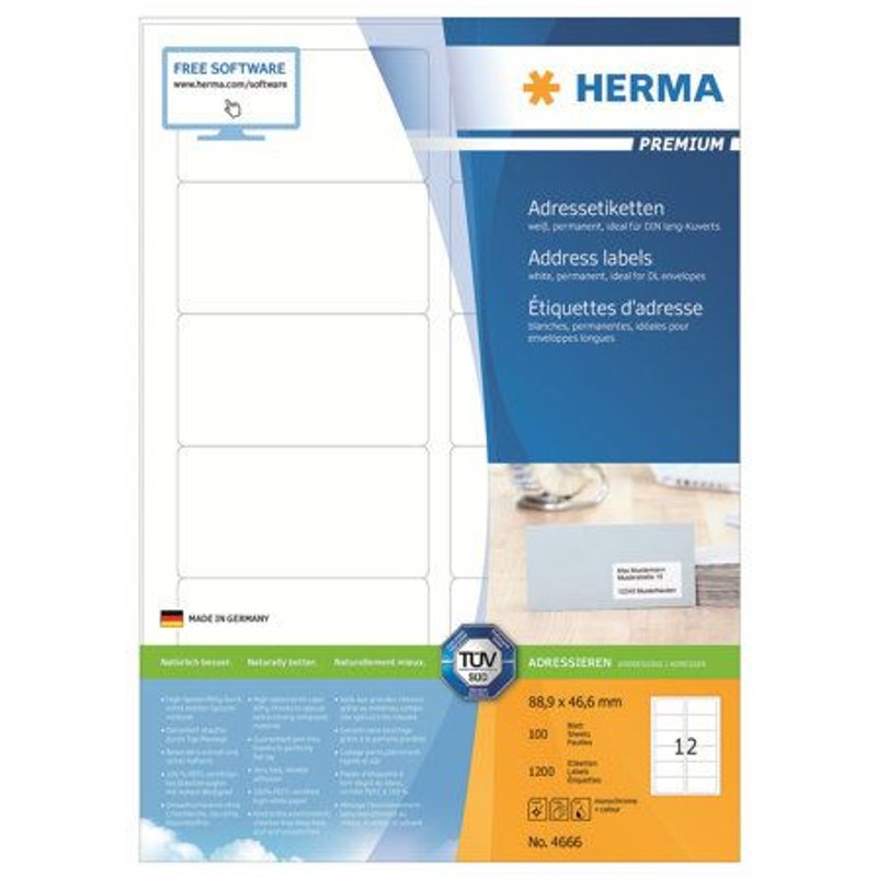 HERMA Premium - Papier - mat - auto-adhésif permanent - blanc - 88.9 x 46.6 mm 1200 étiquette(s) (100 feuille(s) x 12) étiquettes d'adresse laminées