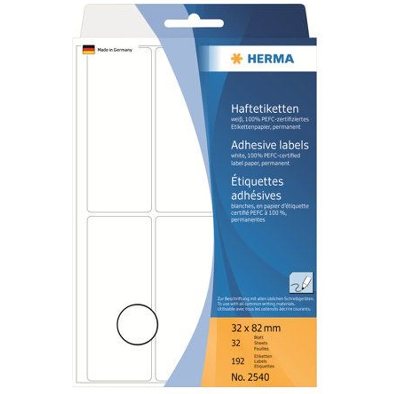 HERMA - Papier - auto-adhésif - blanc - 32 x 82 mm 192 étiquette(s) (32 feuille(s) x 6 étiquettes