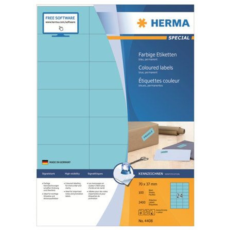 HERMA Special - Papier - mat - auto-adhésif permanent - bleu - 70 x 37 mm 2400 étiquette(s) (100 feuille(s) x 24) étiquettes