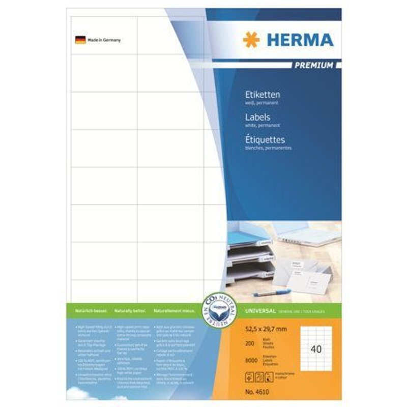 HERMA Premium - Papier - mat - auto-adhésif permanent - blanc - 52.5 x 29.7 mm 8000 étiquette(s) (200 feuille(s) x 40) étiquettes laminées