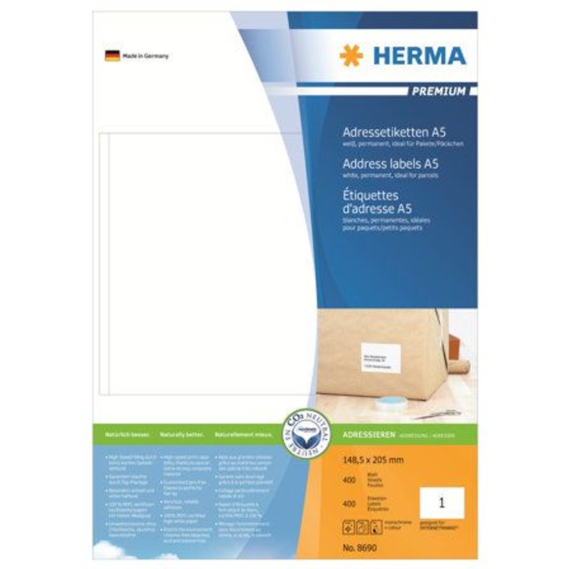 HERMA Premium - Papier - mat - auto-adhésif permanent - blanc - 148.5 x 205 mm 400 étiquette(s) étiquettes d'adresse laminées