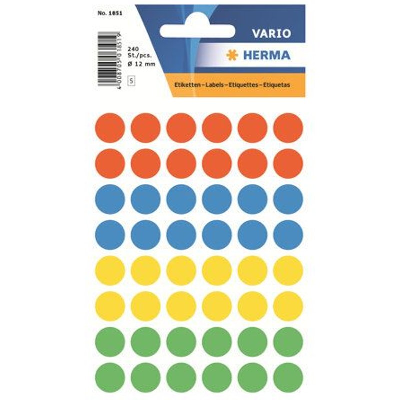 HERMA - Papier - auto-adhésif - couleurs assorties - diamètre 12 mm 240 étiquette(s) (5 feuille(s) x 48) étiquettes